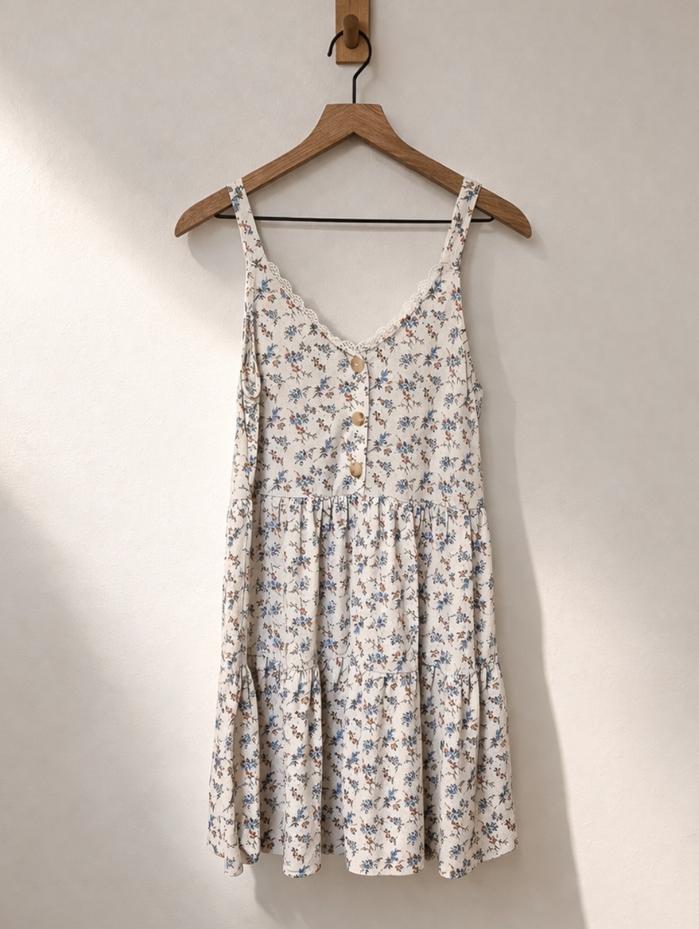 Blu Pepper Floral Babydoll Dress Medium Cottagecore Mini Lace Trim Button Front